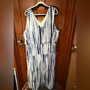 Nina Leonard Maxi Dress 3X Plus Size Blue White Tie Dye Sleeveless Lined EUC